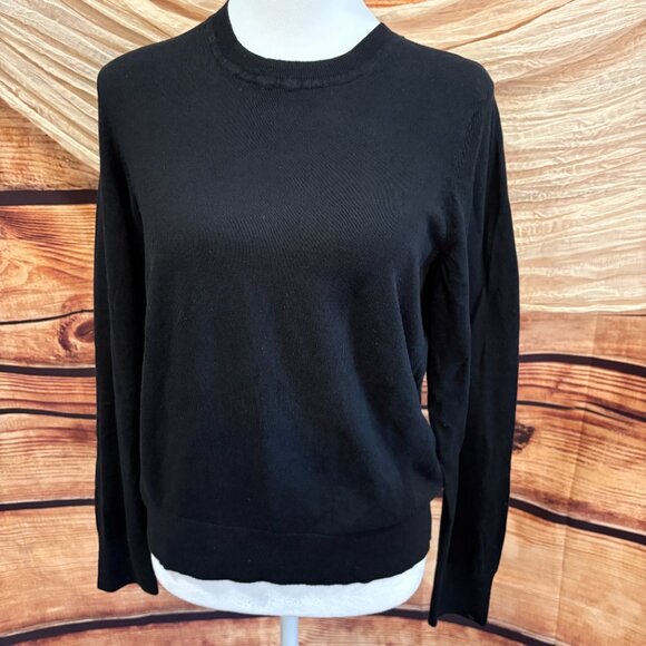 Banana Republic Womens Black Tight Knit Long Sleeve Crewneck Sweater Size LP - Picture 1 of 8